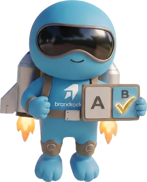 BrandRocket mascot holding an A/B test board with the winner marked