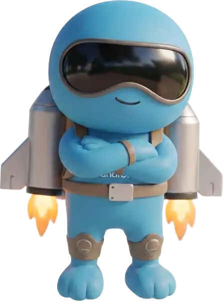 BrandRocket mascot standing confidently with arms crossed