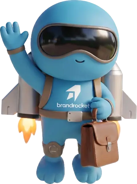 BrandRocket mascot waving, carrying a briefcase