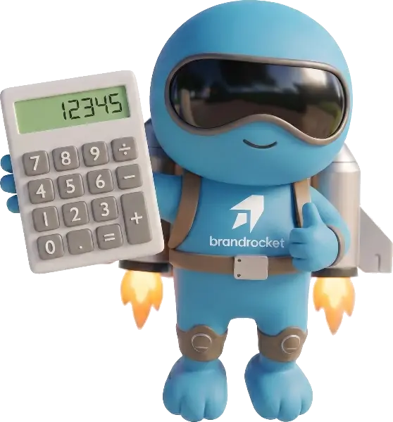 BrandRocket mascot holding up a calculator