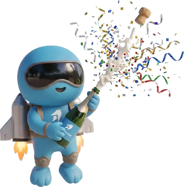 BrandRocket mascot popping a bottle of champagne with confetti