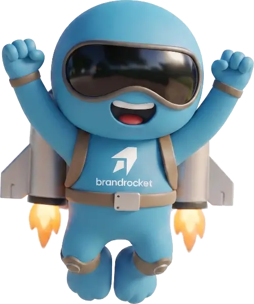 BrandRocket mascot cheering with both fists raised