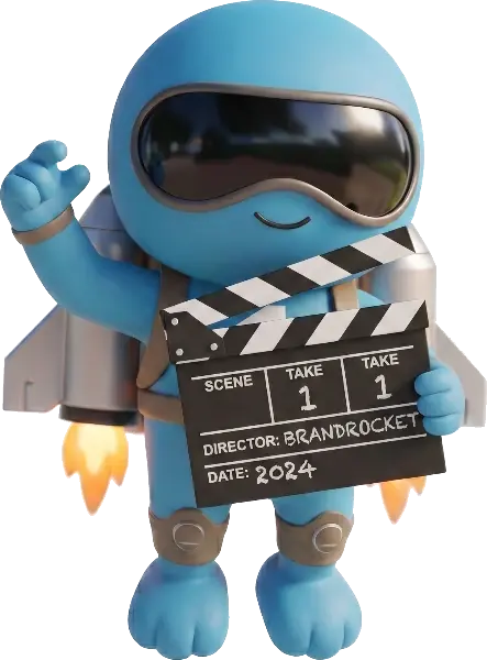 BrandRocket mascot holding a film clapperboard