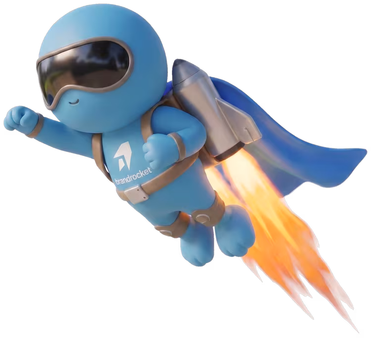 BrandRocket mascot flying with a jetpack and cape