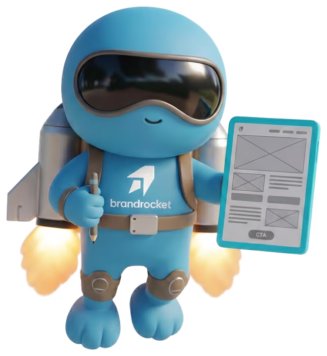 BrandRocket mascot holding a landing-page wireframe
