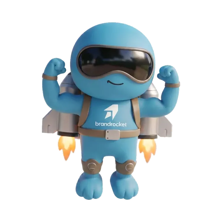 BrandRocket mascot flexing both arms in celebration