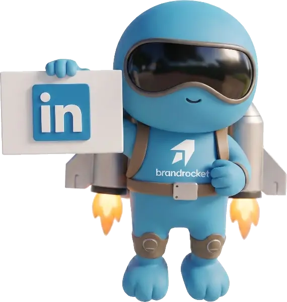 BrandRocket mascot holding a LinkedIn sign