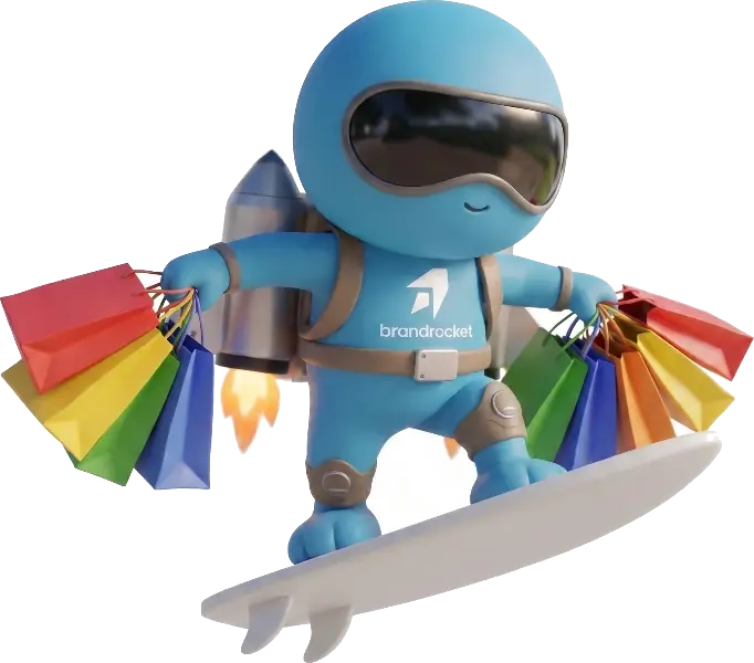 BrandRocket mascot surfing while carrying a shopping bag