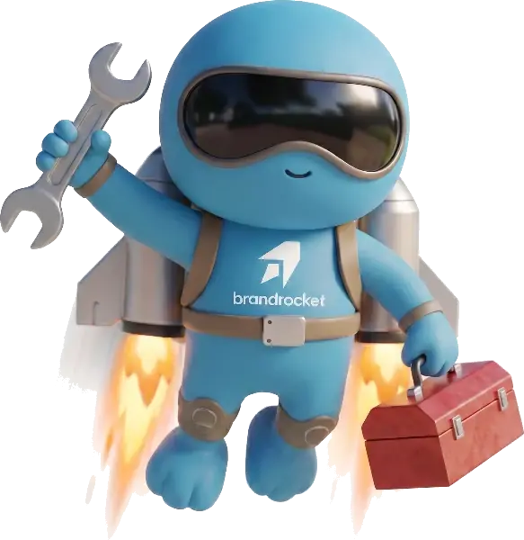 BrandRocket mascot flying with a wrench and a toolbox